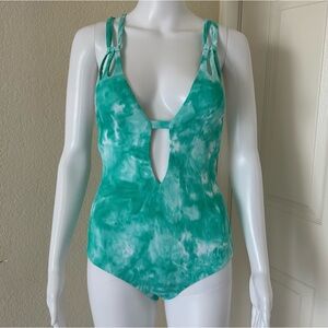 Becca Skylar Tie-Dye Ribbed Green Plunge One Piece Swimsuit bathing suit Small